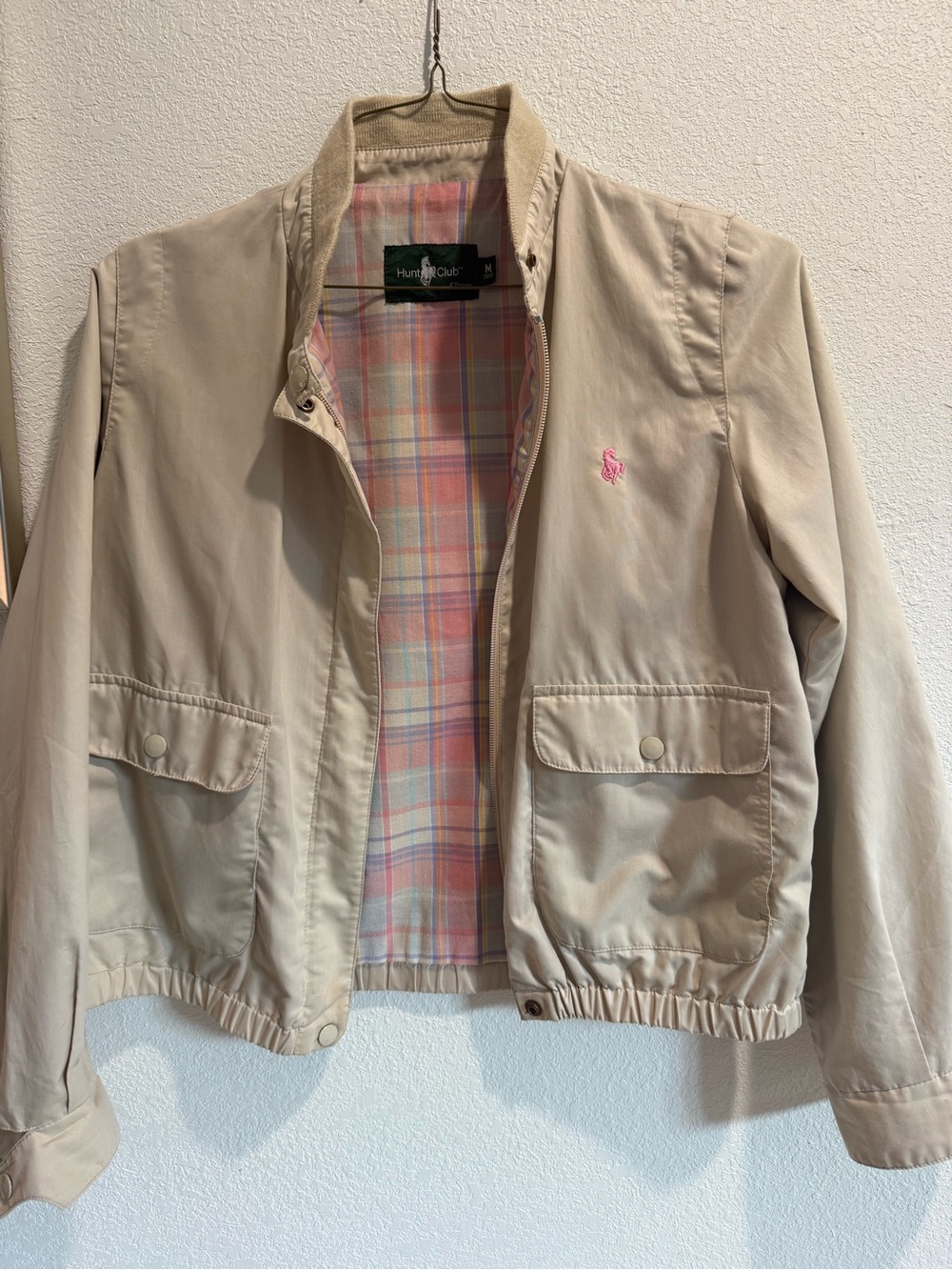 Vintage 1990s Hunt Club Beige Bomber Jacket with Pink Embroidery - Womens Medium